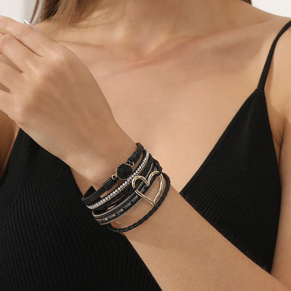 Wholesale Bohemian Heart Rhinestone Magnetic Leather Bracelet