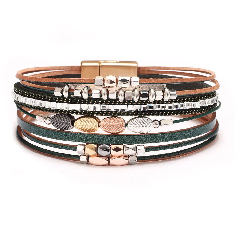 Wholesale Bohemian Leather Braided Tree Leaf Magnetic Clasp Bracelet