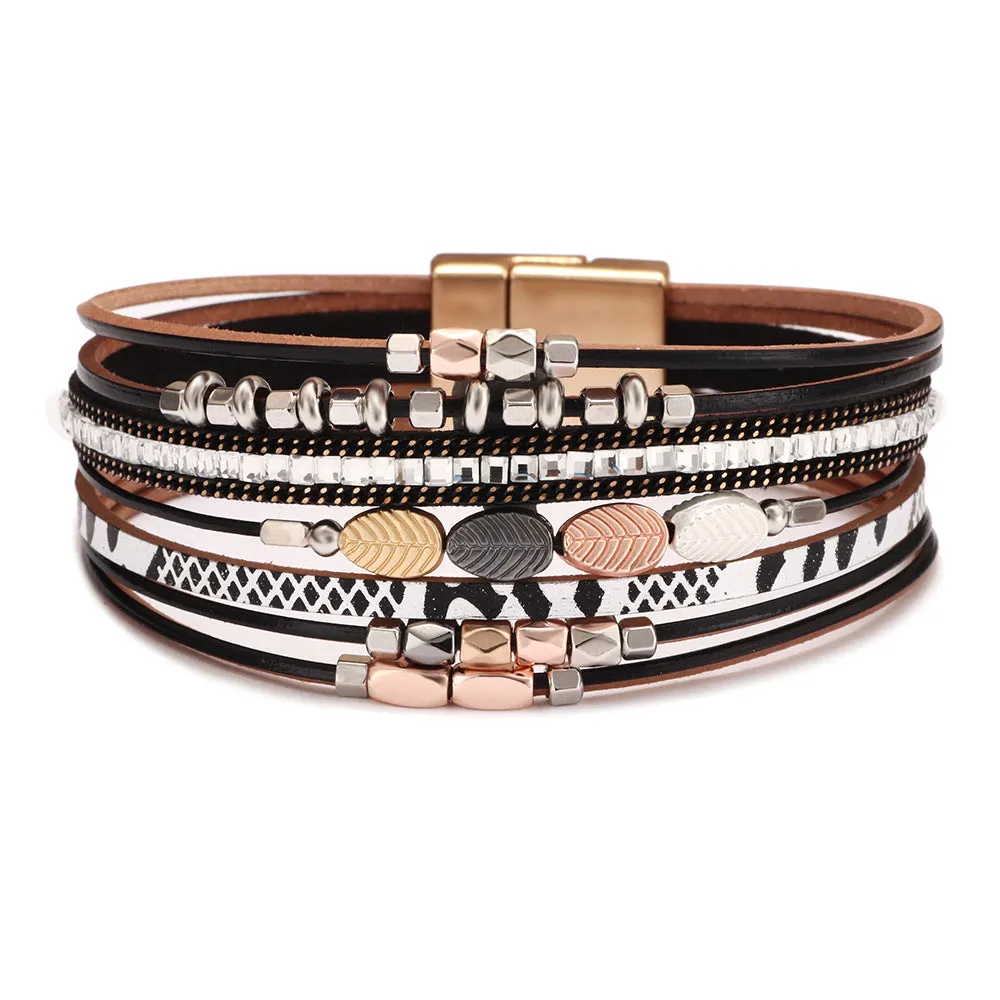 Wholesale Bohemian Leather Braided Tree Leaf Magnetic Clasp Bracelet