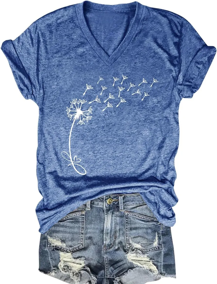 Women V Neck Sunflower Graphic Shirt Cute Dandelion Teen Girls Tee Tops Short Sleeve Cowgirls Casual T Shirts