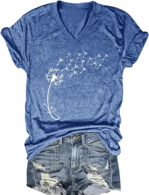 Women V Neck Sunflower Graphic Shirt Cute Dandelion Teen Girls Tee Tops Short Sleeve Cowgirls Casual T Shirts