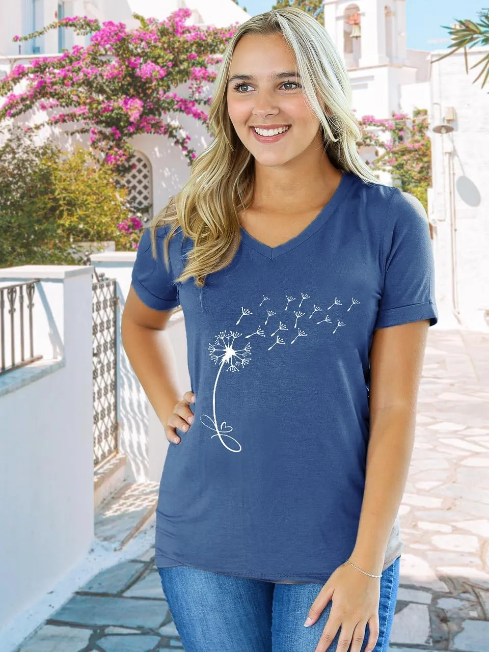 Women V Neck Sunflower Graphic Shirt Cute Dandelion Teen Girls Tee Tops Short Sleeve Cowgirls Casual T Shirts