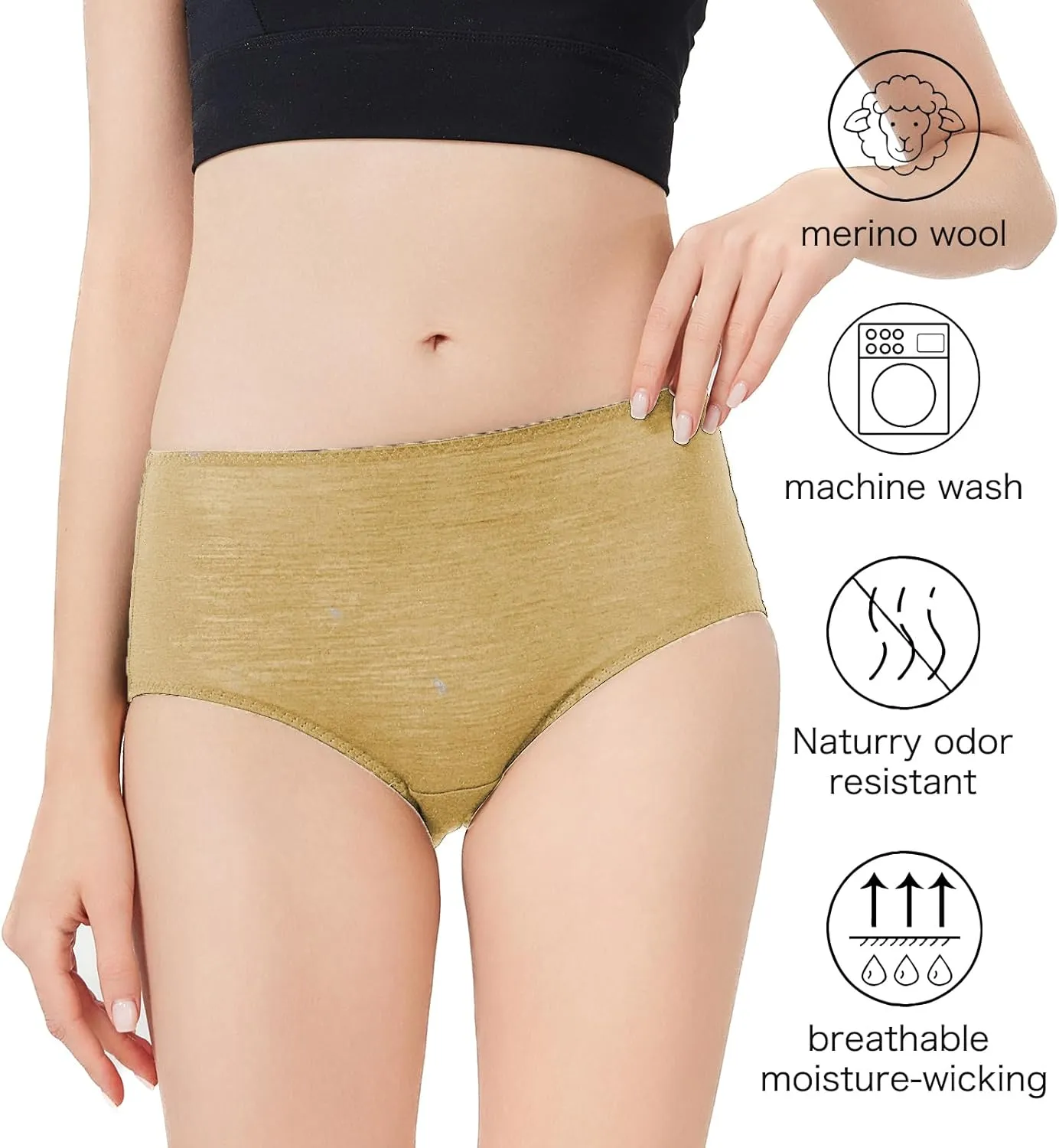Womens Merino Wool High-Waisted Underwear, Quick-Drying Briefs for Hiking Outdoors