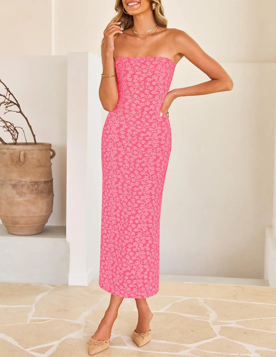 ZESICA Women's 2025 Summer Boho Floral Strapless Bodycon Dress Off Shoulder Tube Beach Party Long Midi Dresses