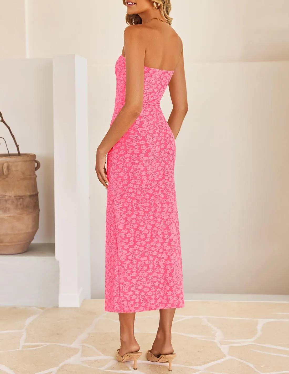 ZESICA Women's 2025 Summer Boho Floral Strapless Bodycon Dress Off Shoulder Tube Beach Party Long Midi Dresses
